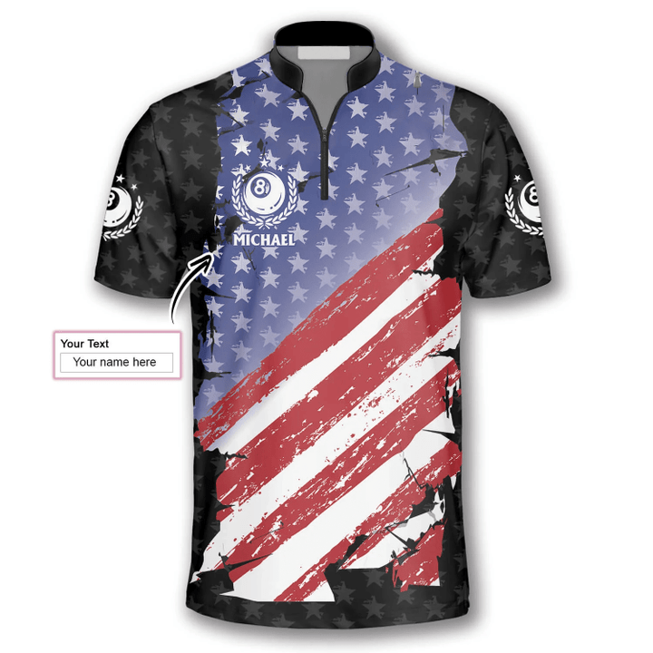 Frenzidea Ball 8 Eagle USA Flag Billiard Custom Name Zipper Polo Shirt