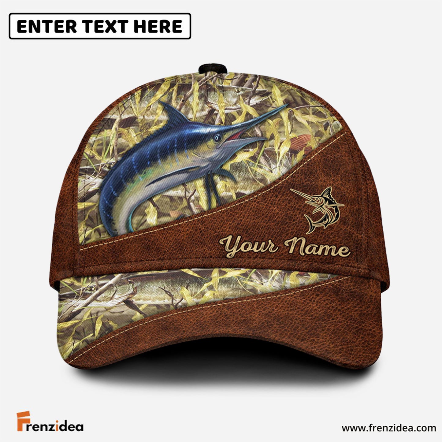 Frenzidea Personalized Blue Marlin Fishing Leather Pattern Cap