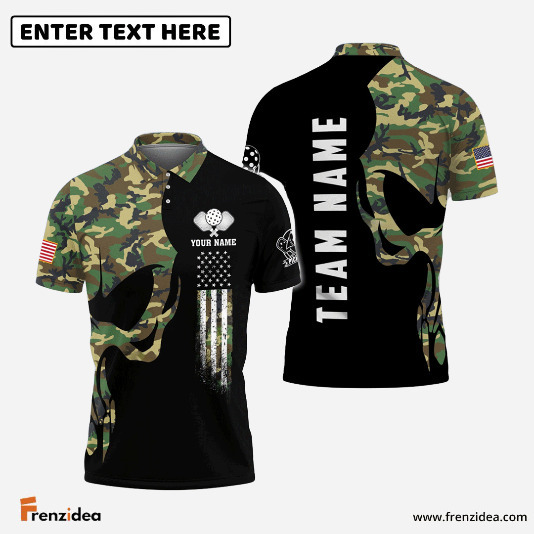 Frenzidea Pickleball Skull Camo Personalized Name, Team Name Unisex Shirt (4 Colors)