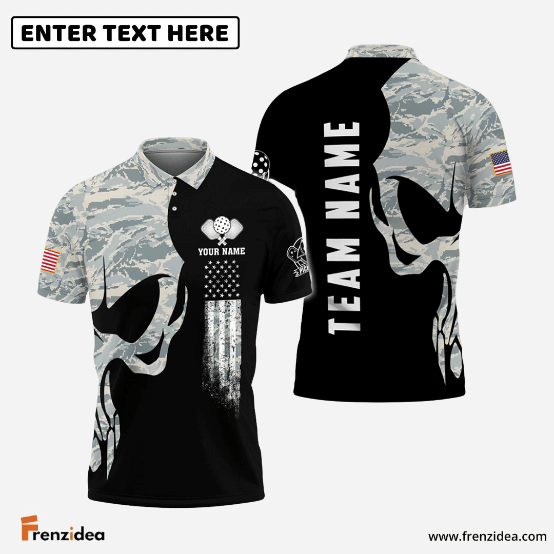 Frenzidea Pickleball Skull Camo Personalized Name, Team Name Unisex Shirt (4 Colors)