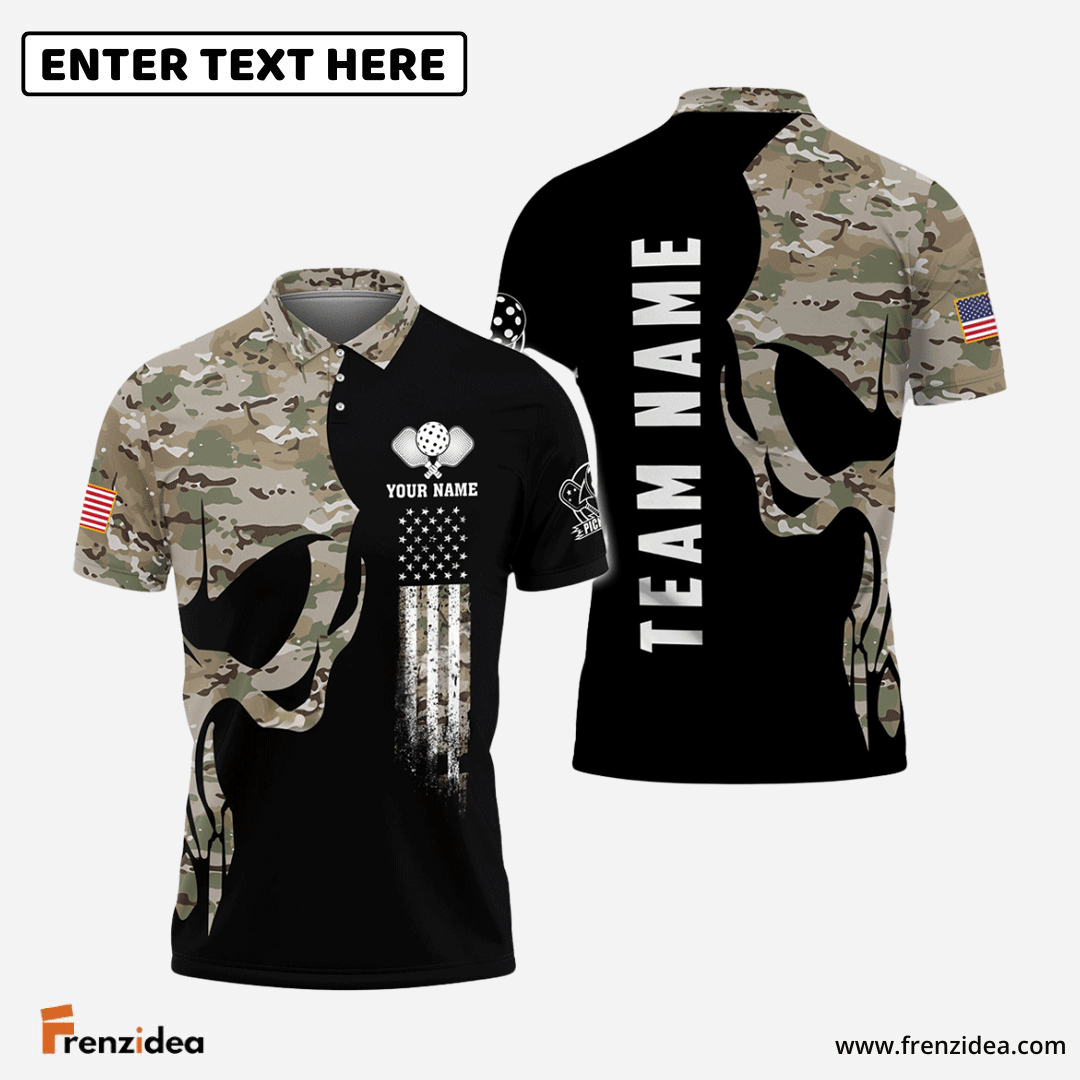 Frenzidea Pickleball Skull Camo Personalized Name, Team Name Unisex Shirt (4 Colors)
