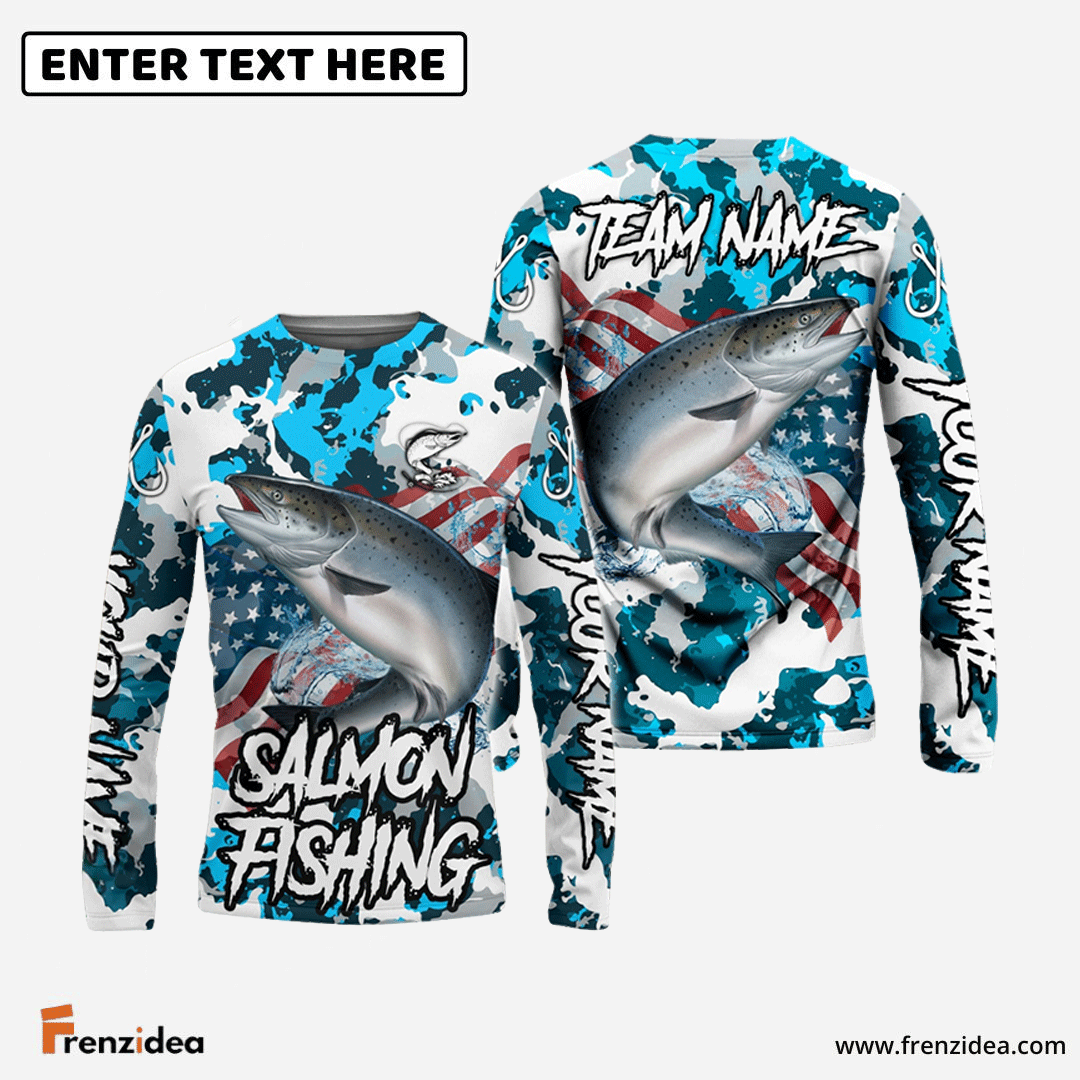 Frenzidea Salmon Fishing American Flag Light Blue Camo Custom Name & Team Name 3D Shirts