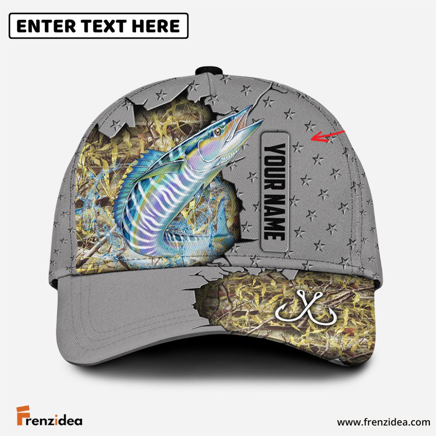 Frenzidea Custom Name Wahoo Fishing Grey 3D Cap