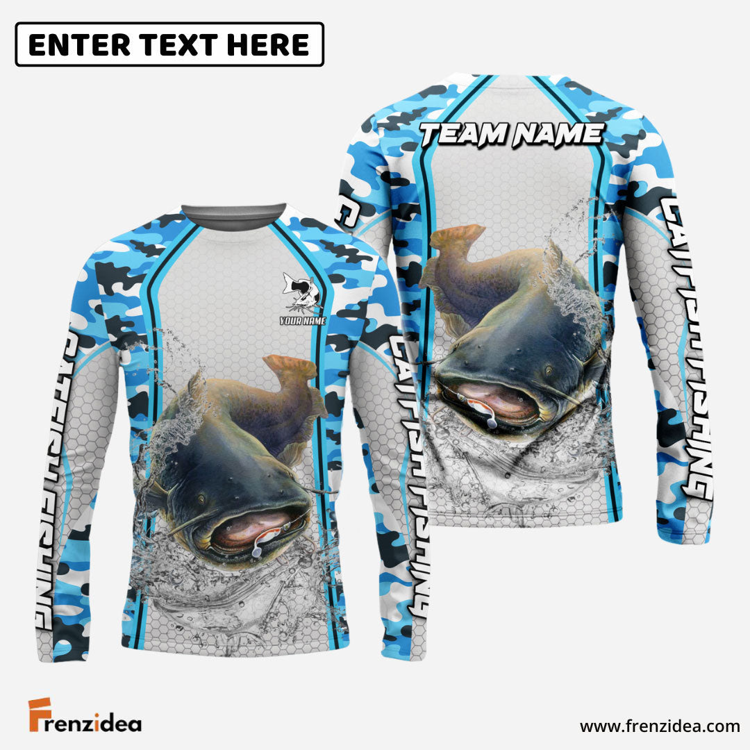 Frenzidea Catfish Fishing Light Blue Camo Sport Custom Name & Team Name 3D Shirts