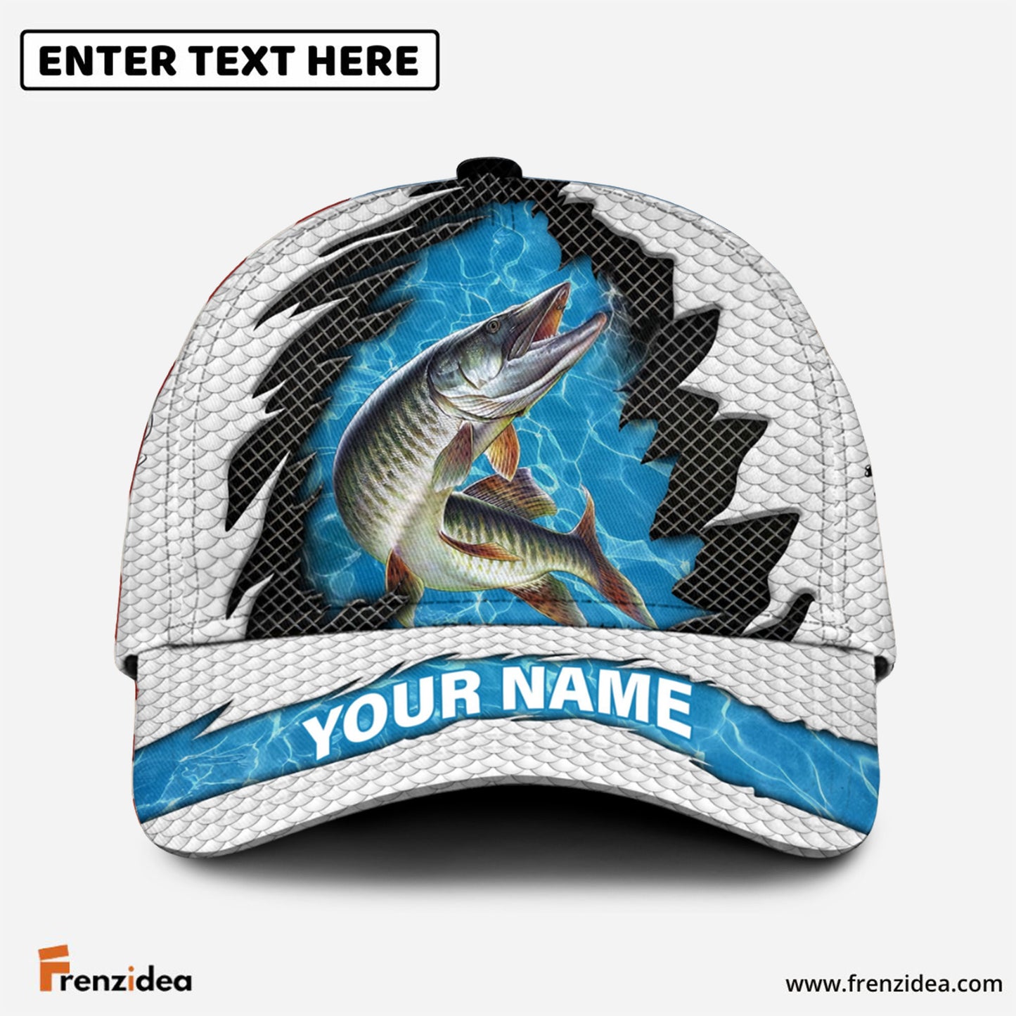 Frenzidea Personalized Musky Fishing White Blue Wave Fishnet Classic Cap