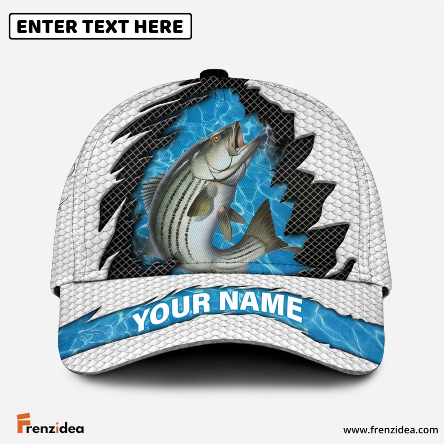 Frenzidea Personalized Striped Bass Fishing White Blue Wave Fishnet Classic Cap