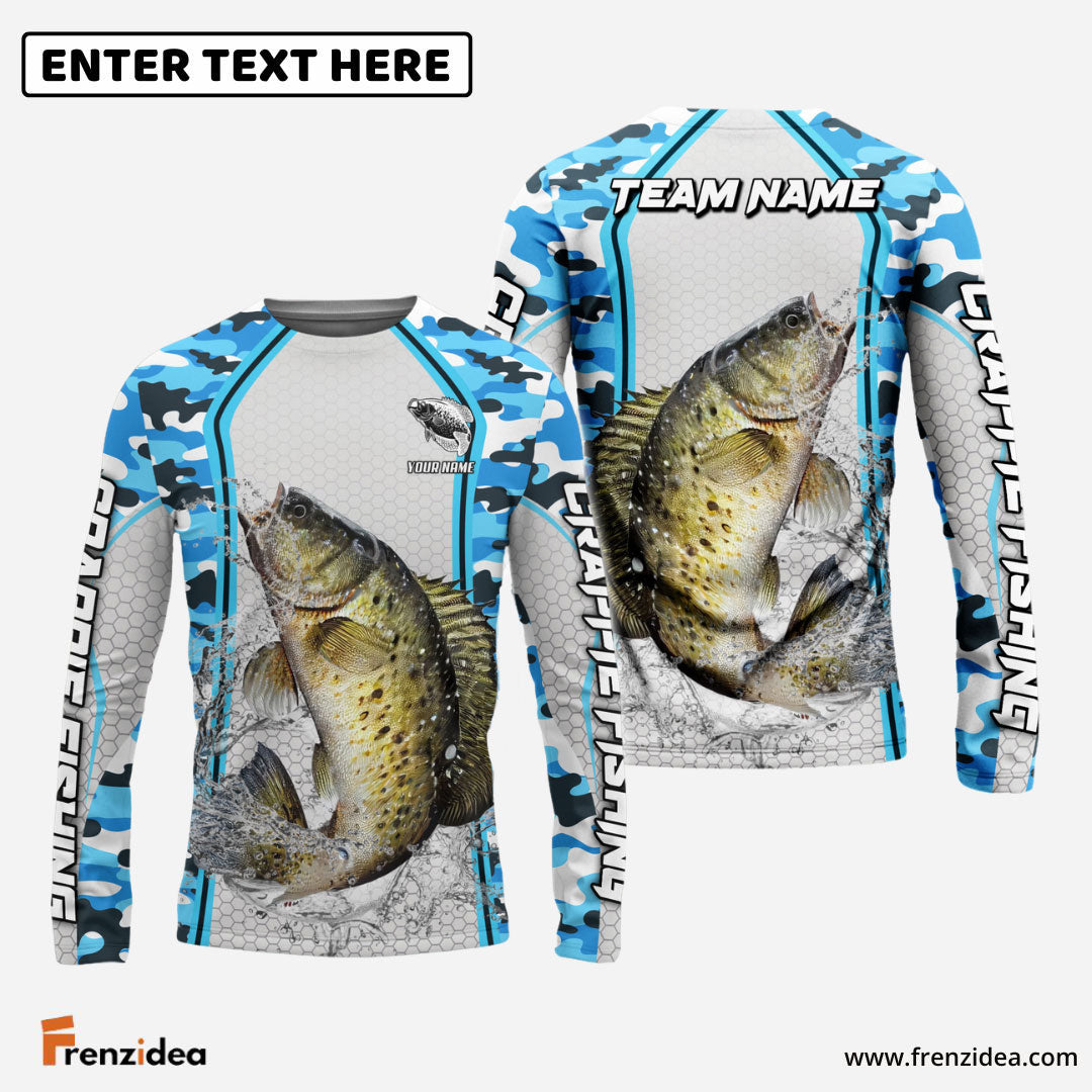Frenzidea Crappie Fishing Light Blue Camo Sport Custom Name & Team Name 3D Shirts