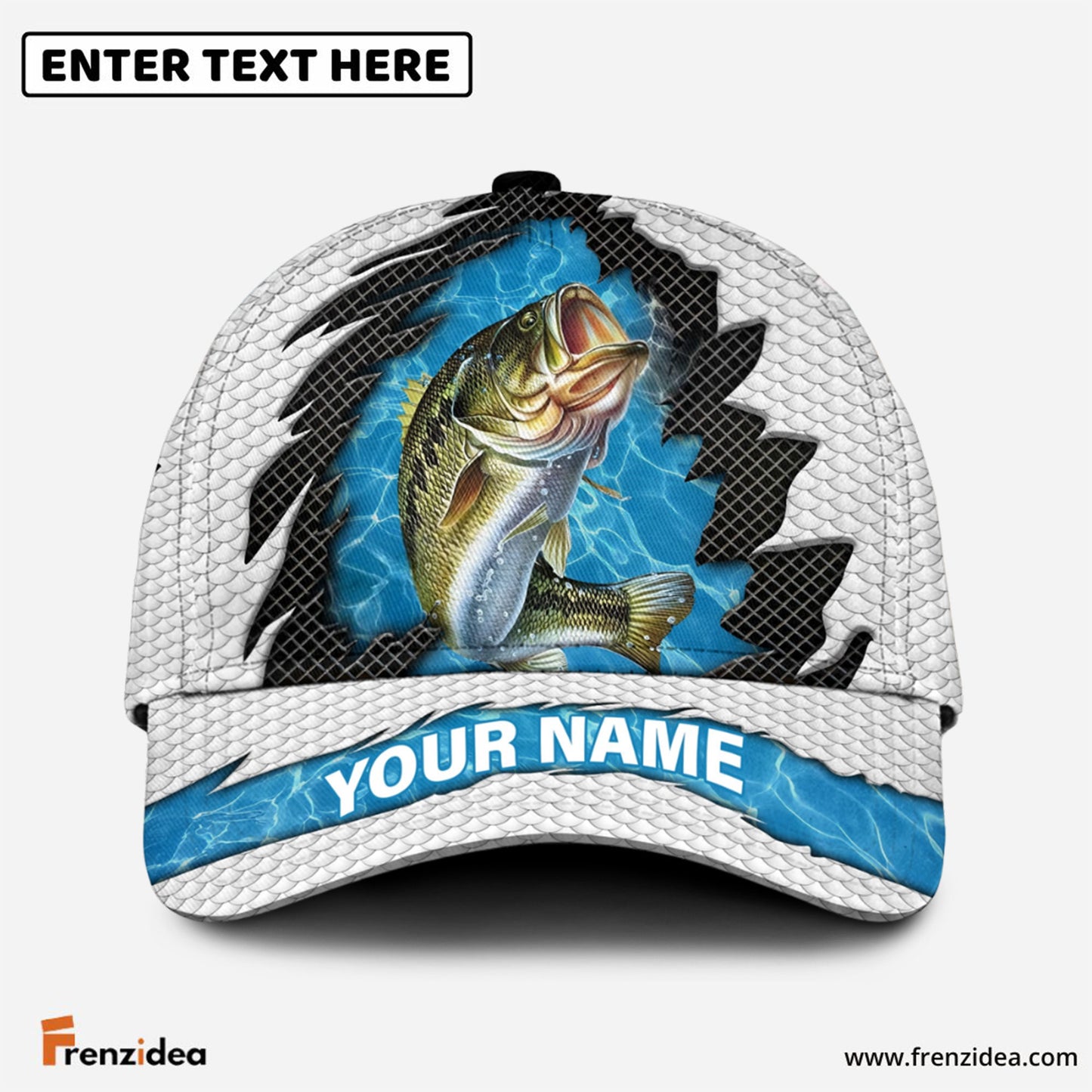Frenzidea Personalized Bass Fishing White Blue Wave Fishnet Classic Cap