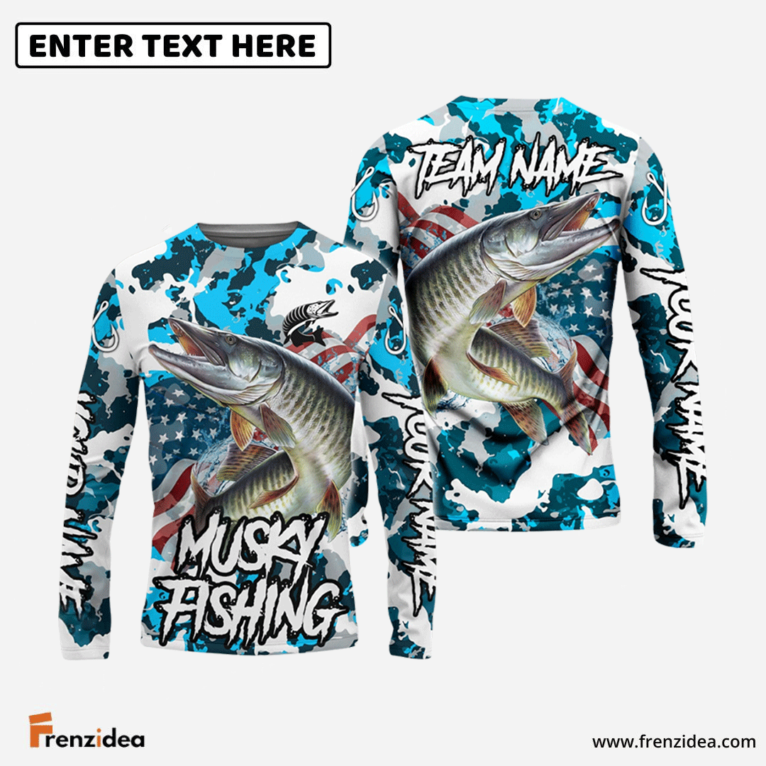 Frenzidea Musky Fishing American Flag Light Blue Camo Custom Name & Team Name 3D Shirts