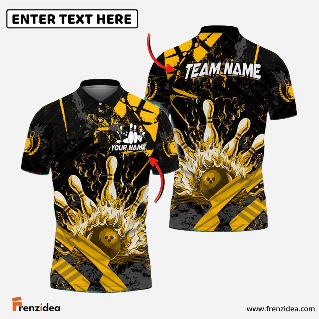 Frenzidea Bowling And Pins Grunge Flame Customized Name 3D Shirt ( 5 Colors)