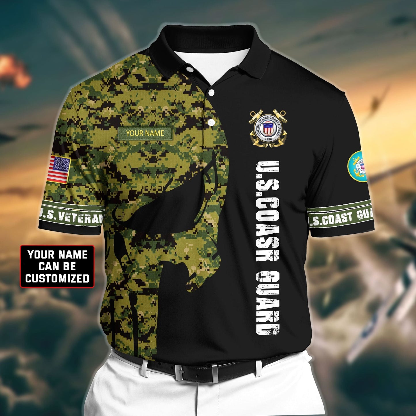 Frenzidea Premium Veteran U.S Coast Guard 3D Polo All Over Printed