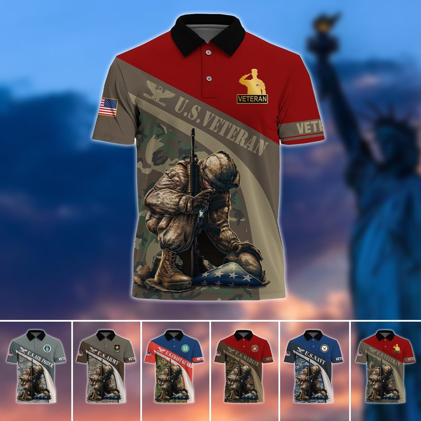 Frenzidea Premium U.S Multiple Service Veteran Polo Shirt