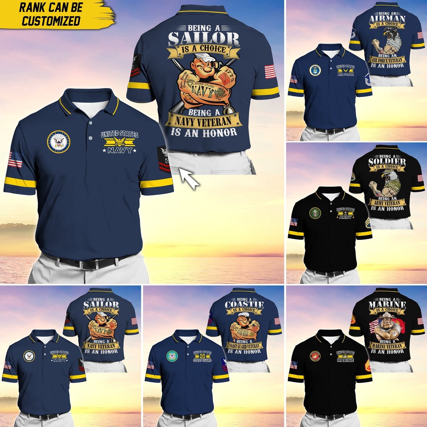 Frenzidea Premium Personalise U.S Multiple Service Veteran Polo Shirt