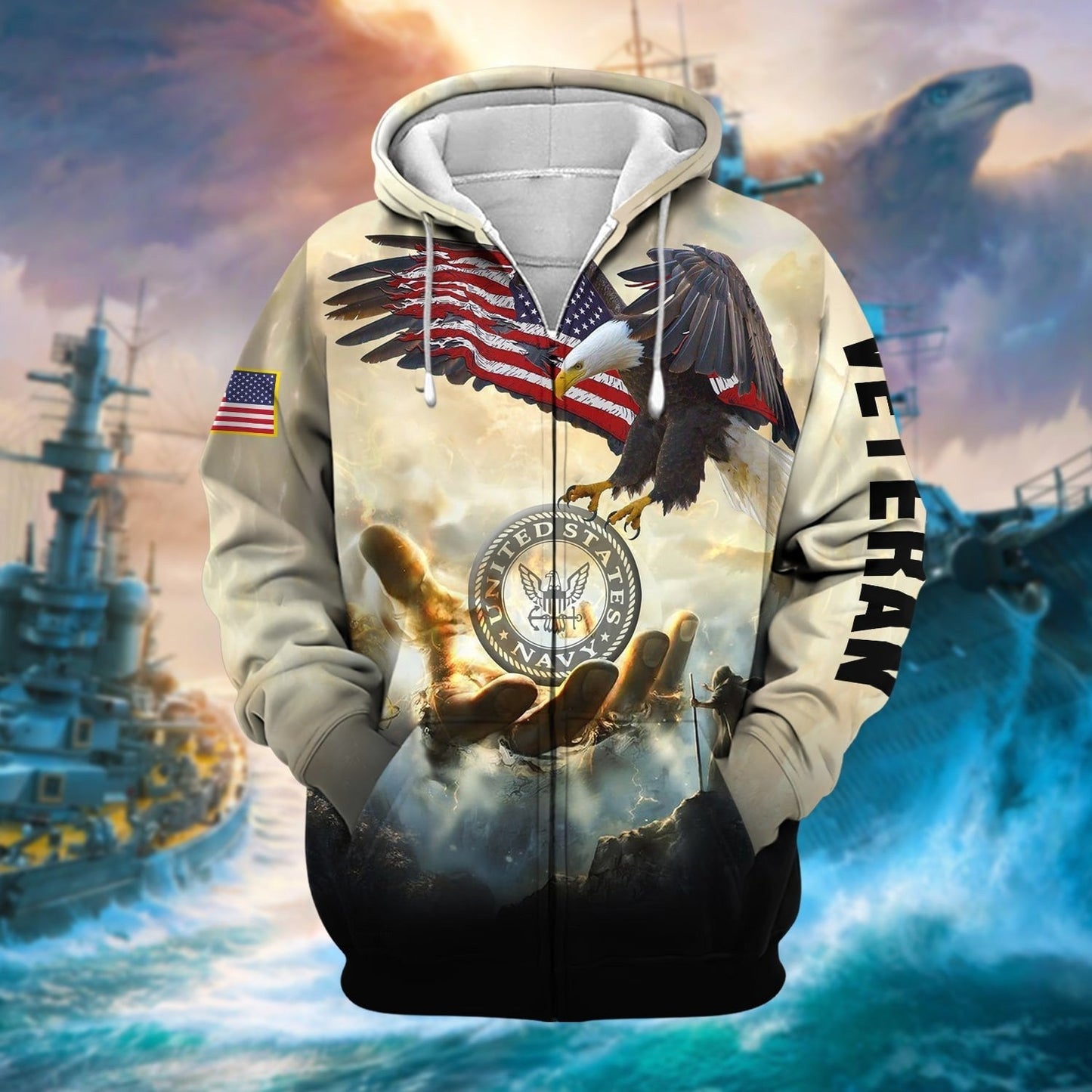 Frenzidea Premium God Bless US Veteran Zip Hoodie