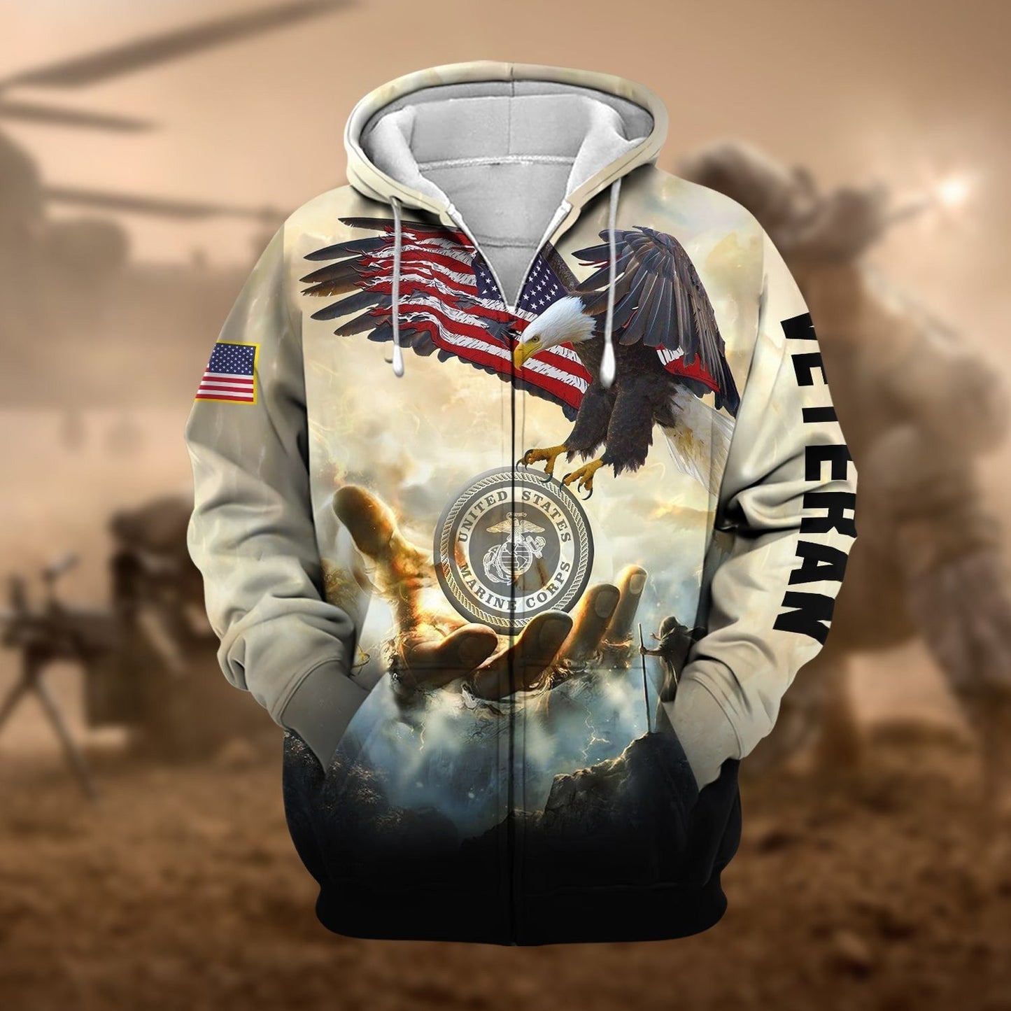 Frenzidea Premium God Bless US Veteran Zip Hoodie