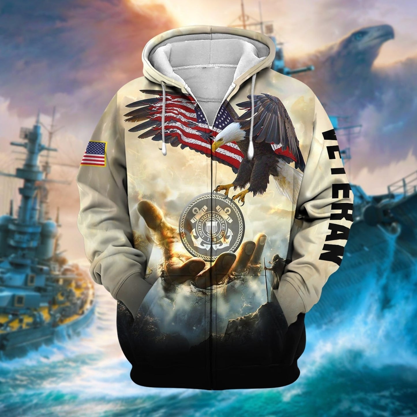Frenzidea Premium God Bless US Veteran Zip Hoodie