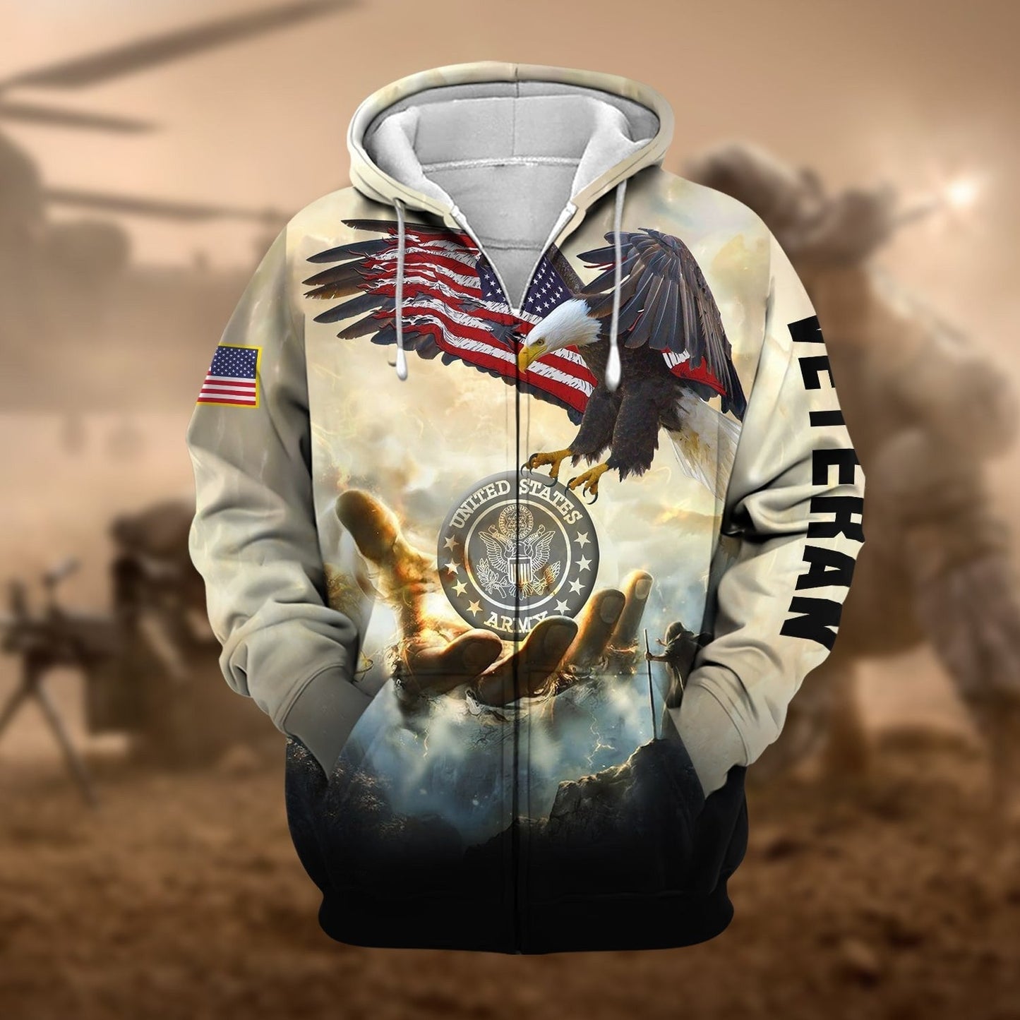 Frenzidea Premium God Bless US Veteran Zip Hoodie