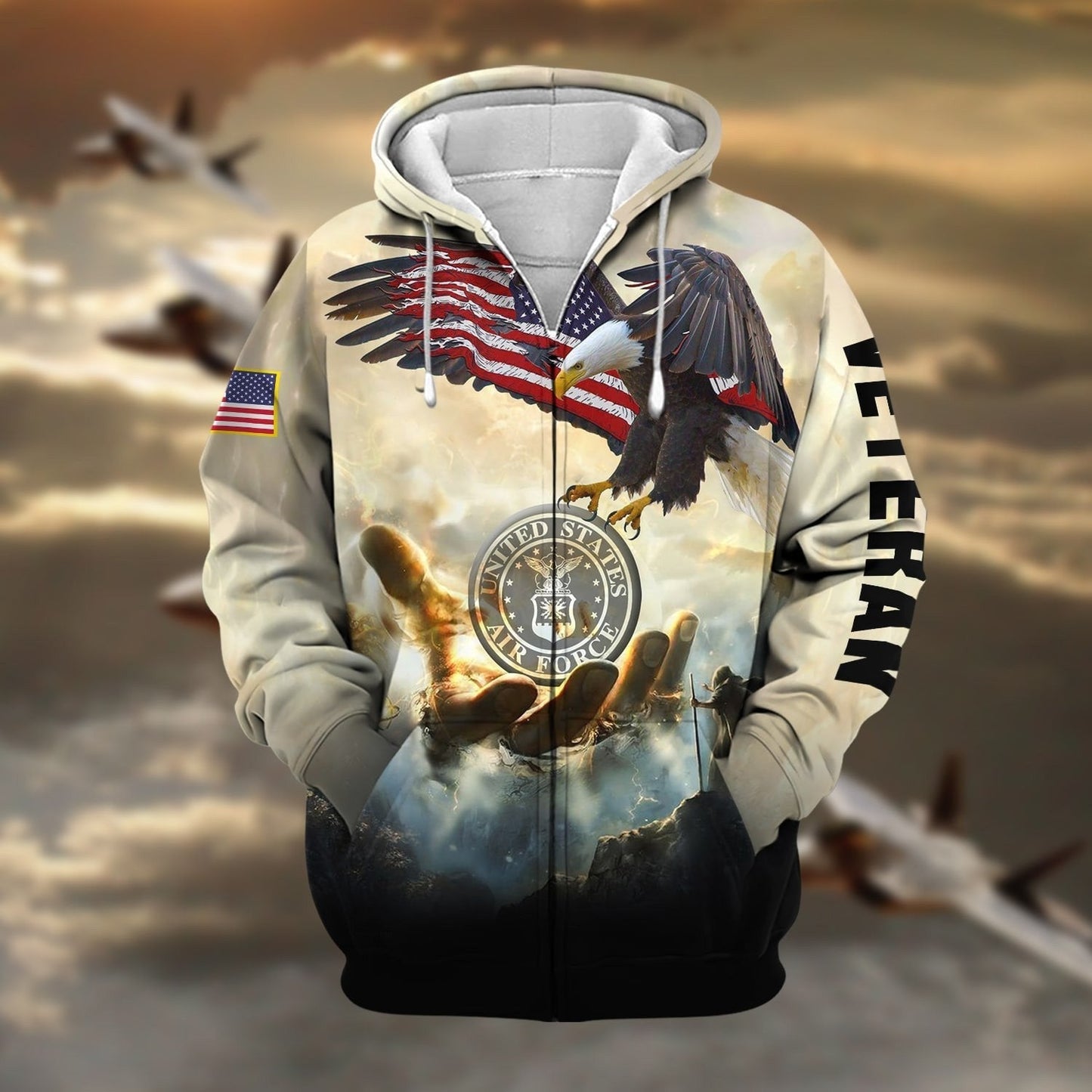 Frenzidea Premium God Bless US Veteran Zip Hoodie