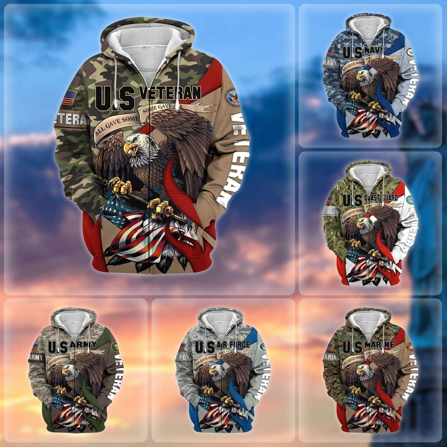 Frenzidea Premium Camo Soldiers Multiservice US Veteran Zip Hoodie