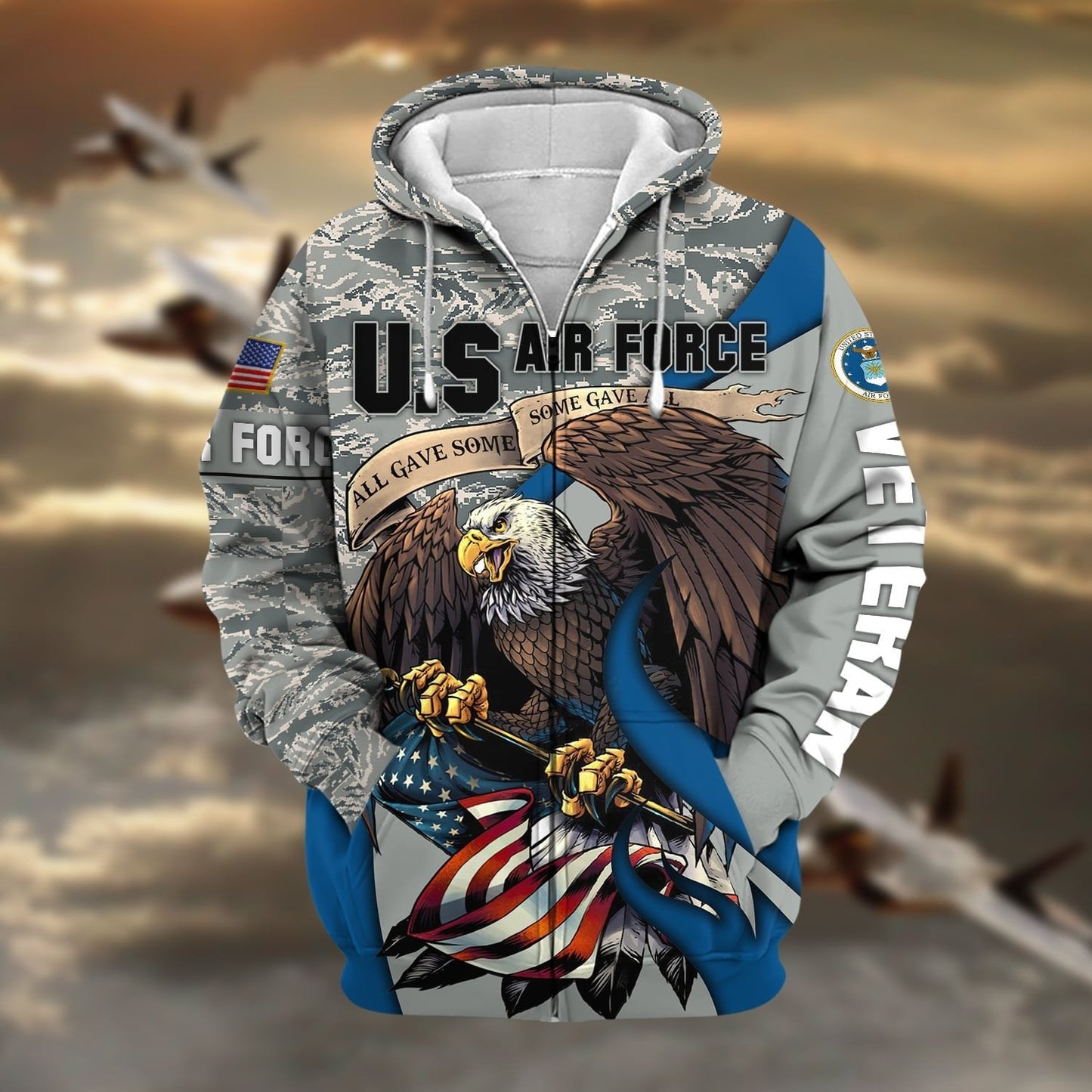 Frenzidea Premium Camo Soldiers Multiservice US Veteran Zip Hoodie