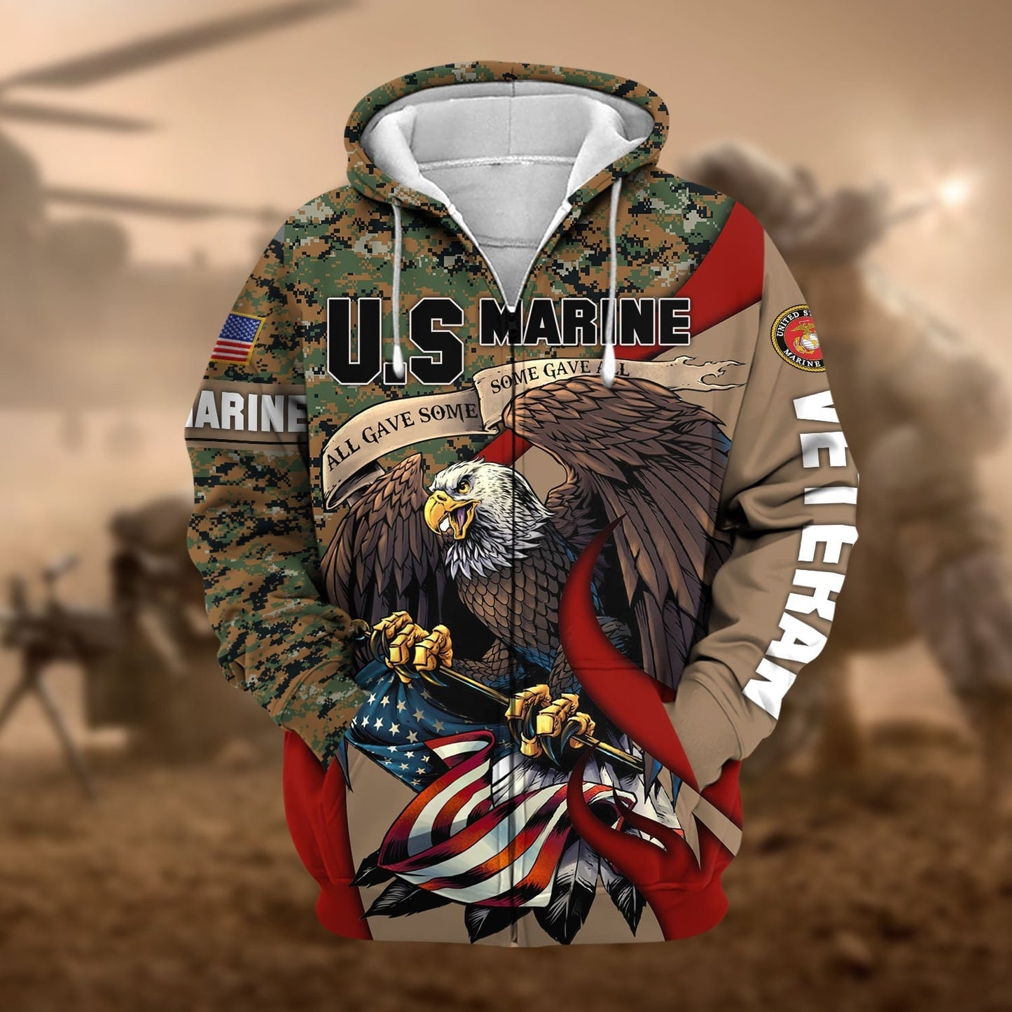 Frenzidea Premium Camo Soldiers Multiservice US Veteran Zip Hoodie