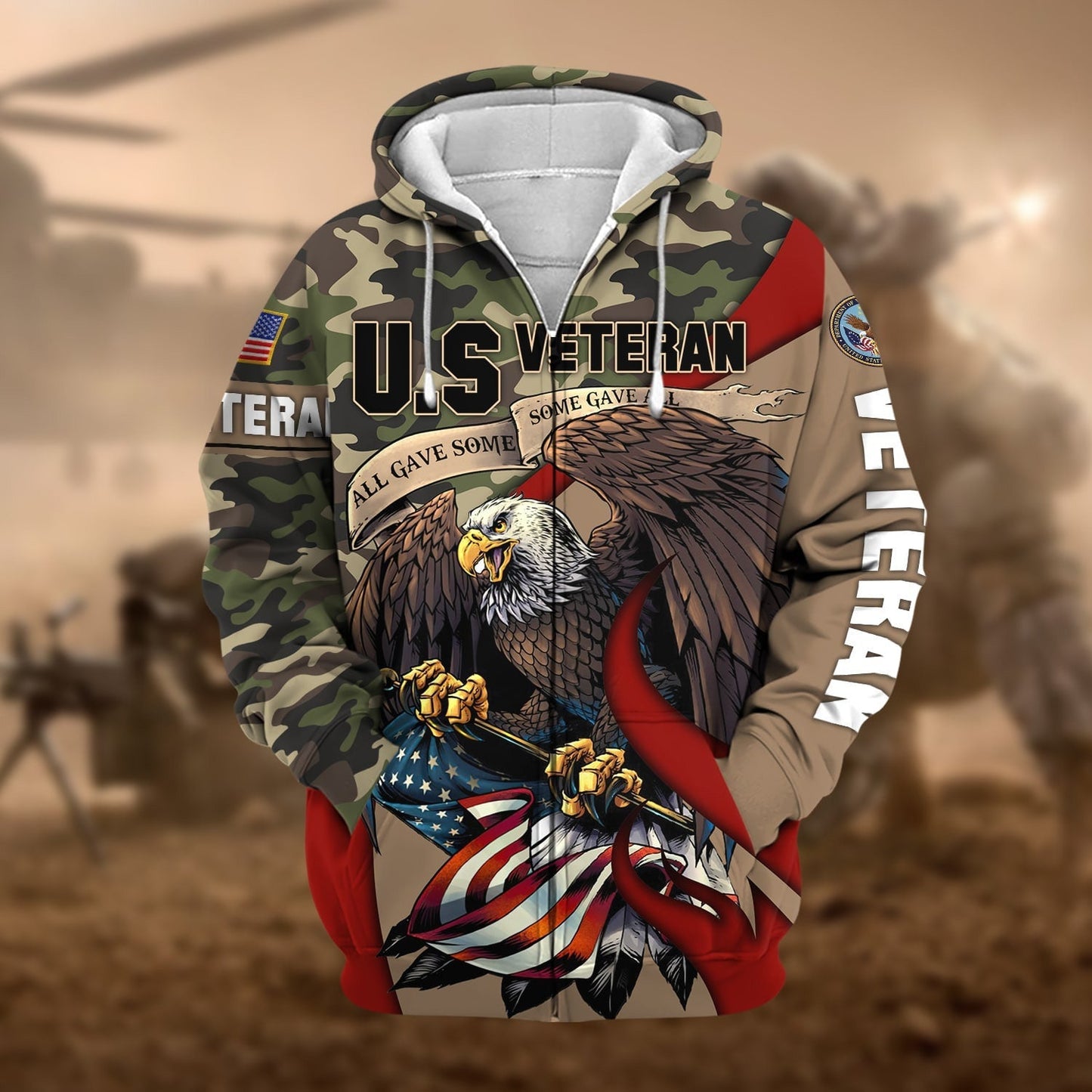Frenzidea Premium Camo Soldiers Multiservice US Veteran Zip Hoodie