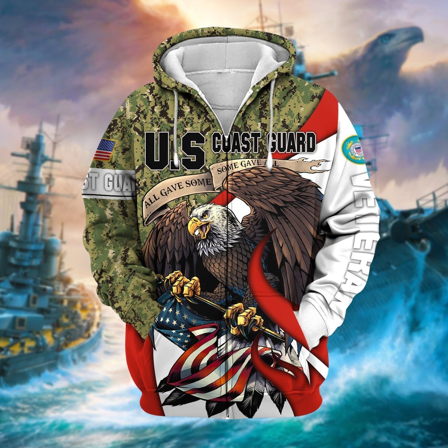 Frenzidea Premium Camo Soldiers Multiservice US Veteran Zip Hoodie