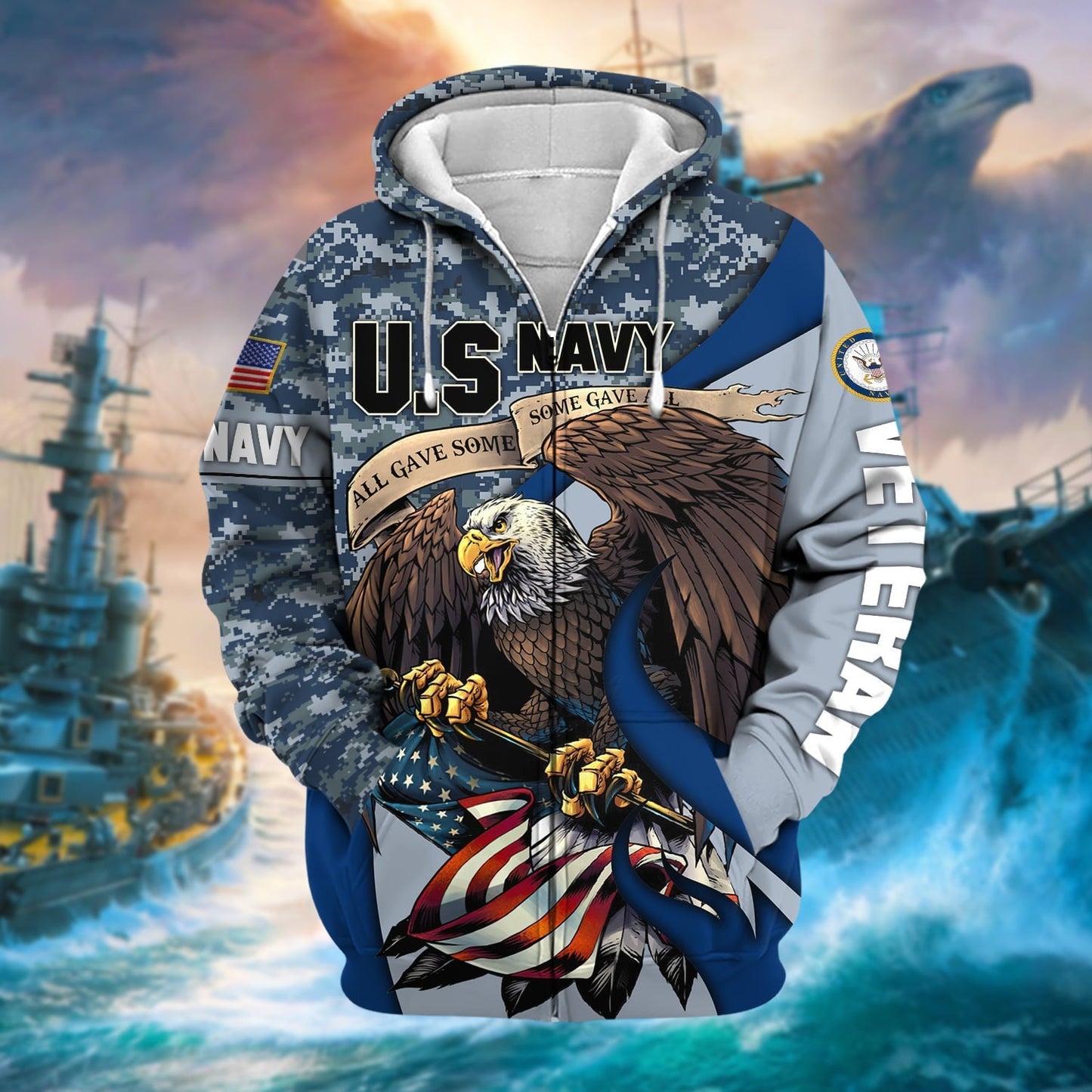 Frenzidea Premium Camo Soldiers Multiservice US Veteran Zip Hoodie