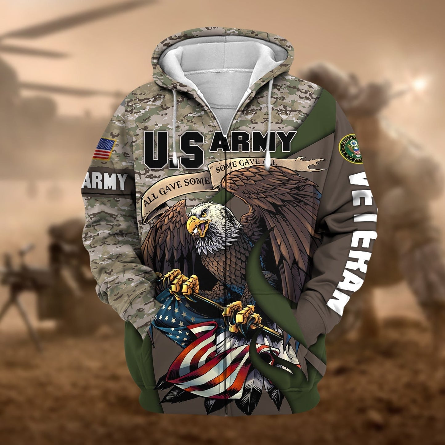 Frenzidea Premium Camo Soldiers Multiservice US Veteran Zip Hoodie