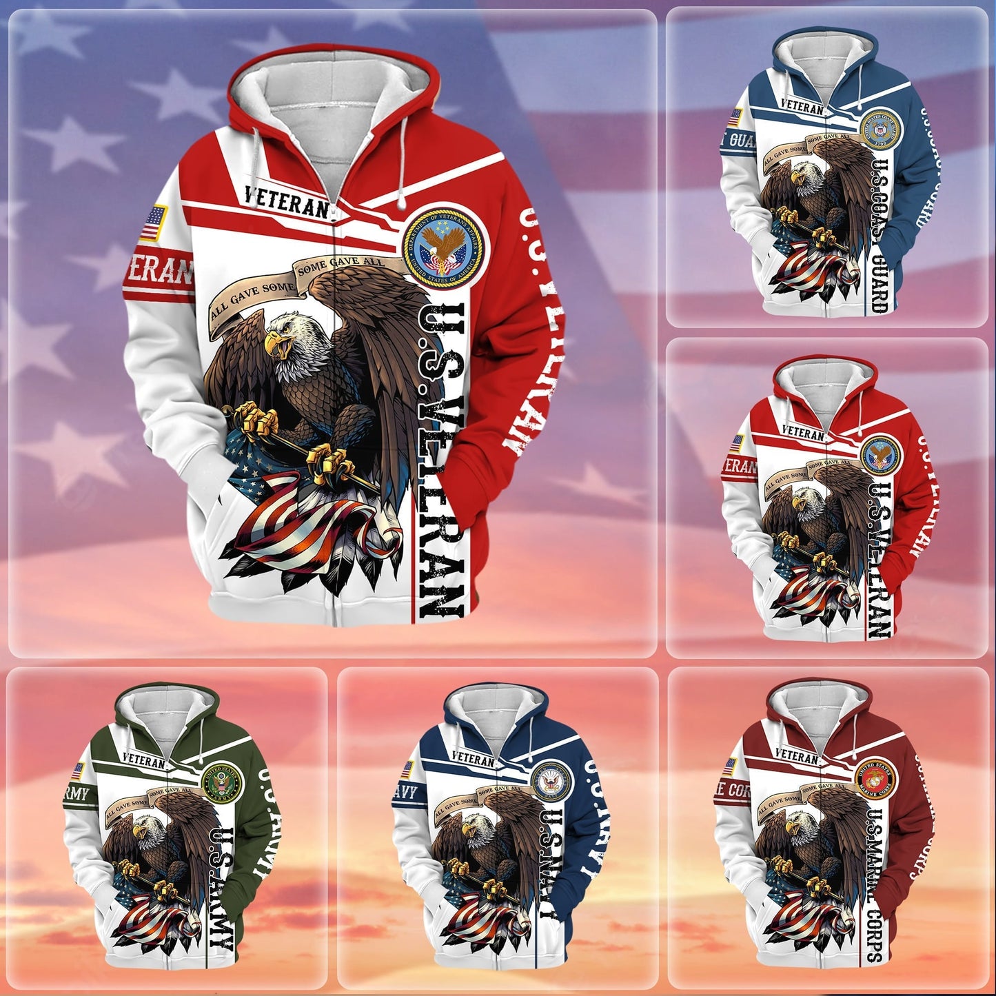 Frenzidea Premium Honoring All Who Served US Veteran Zip Hoodie