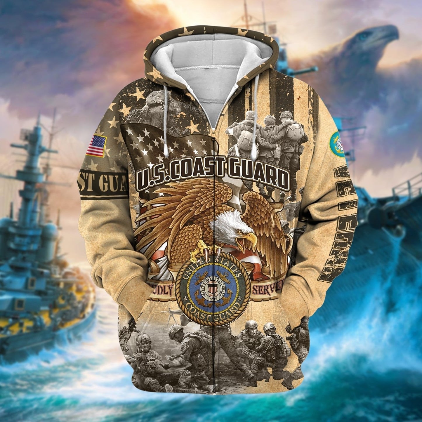 Frenzidea Premium Proudly Served Multiservice US Veteran Zip Hoodie