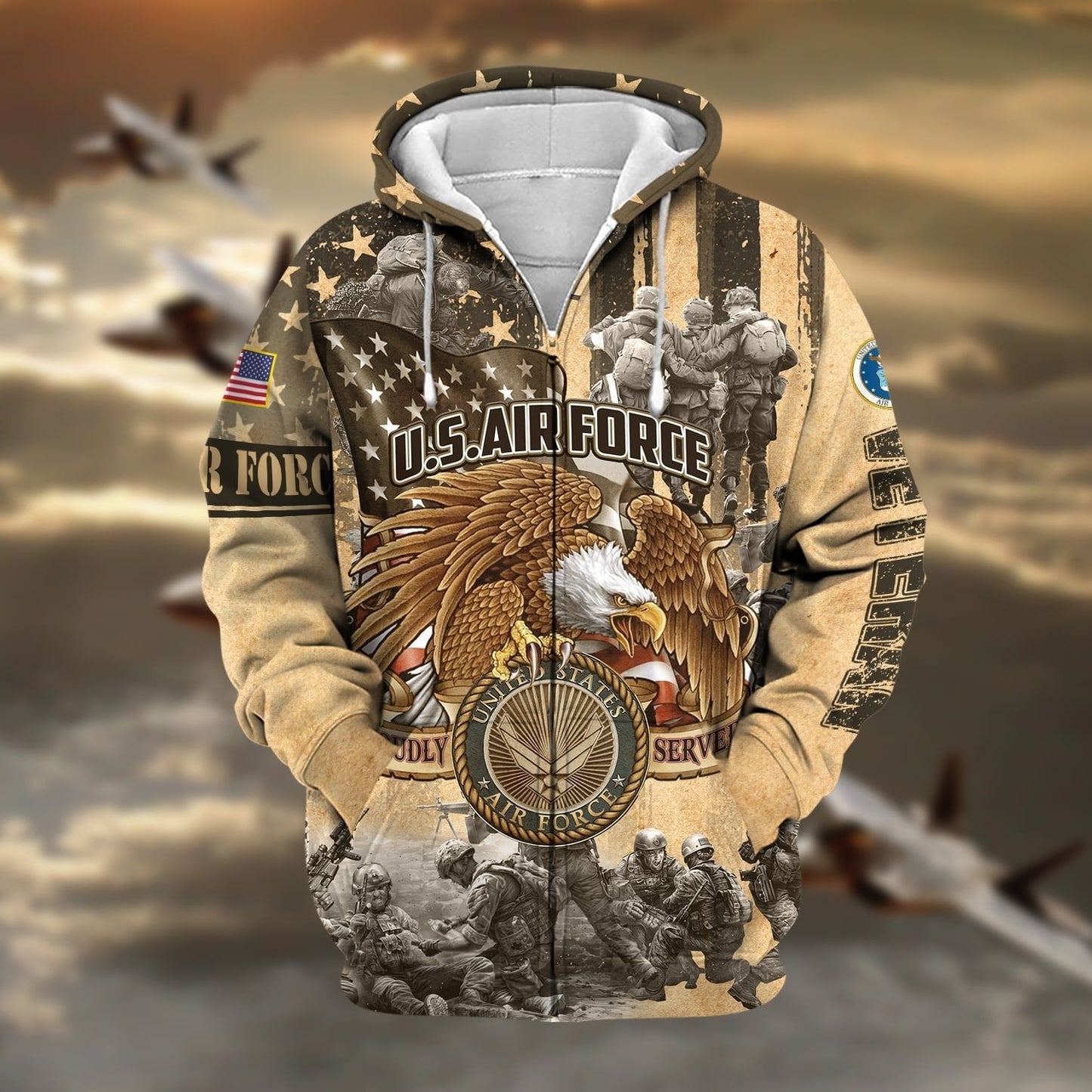 Frenzidea Premium Proudly Served Multiservice US Veteran Zip Hoodie