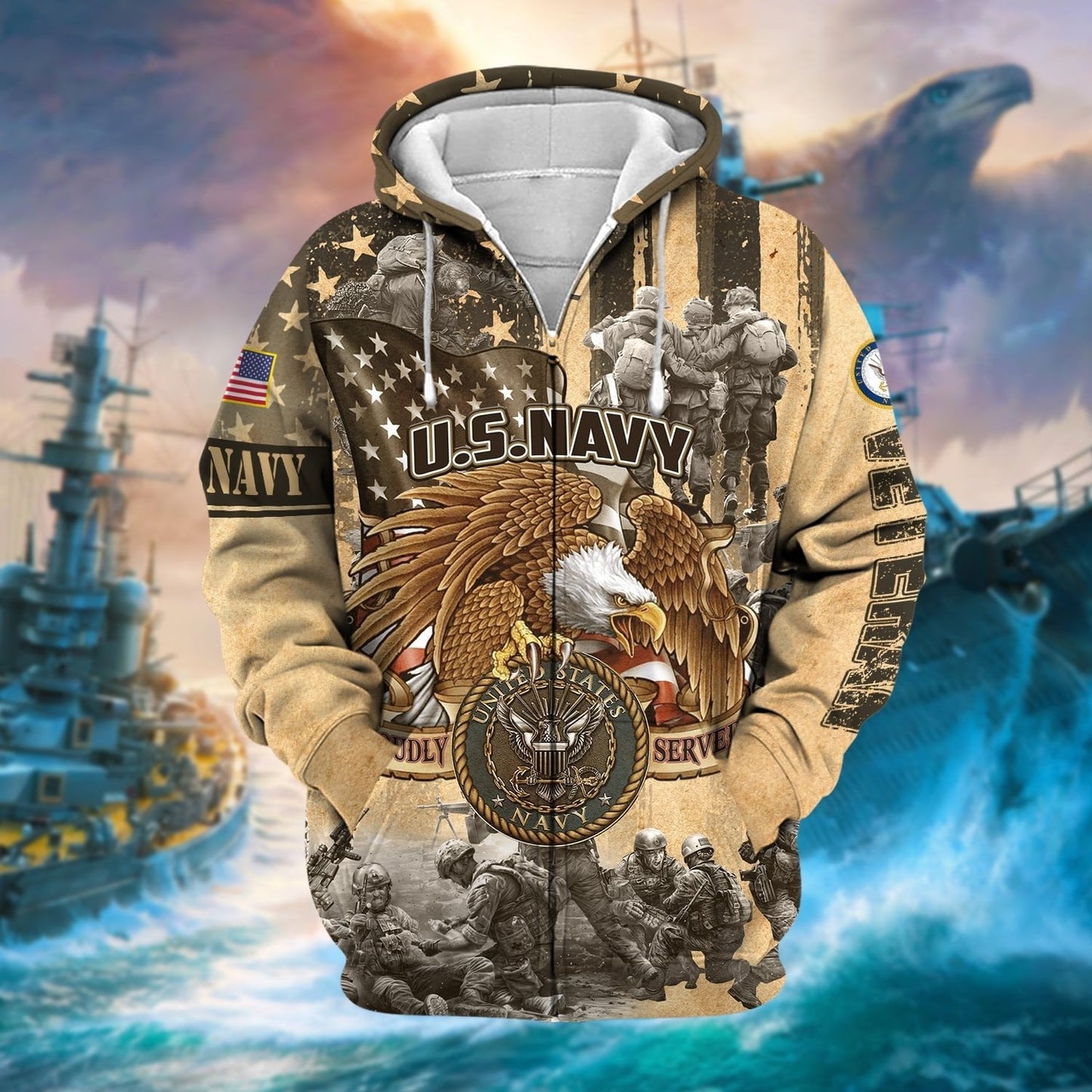 Frenzidea Premium Proudly Served Multiservice US Veteran Zip Hoodie