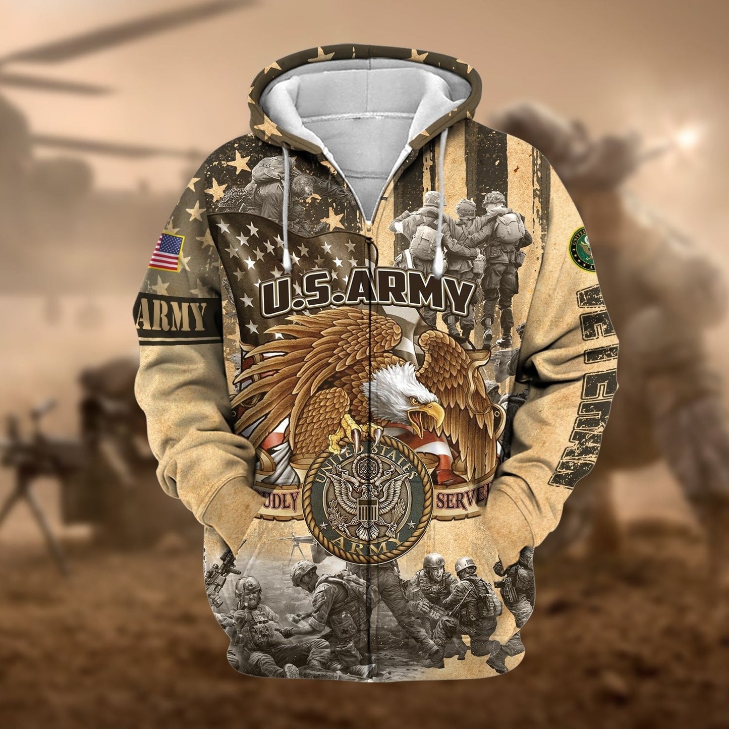 Frenzidea Premium Proudly Served Multiservice US Veteran Zip Hoodie