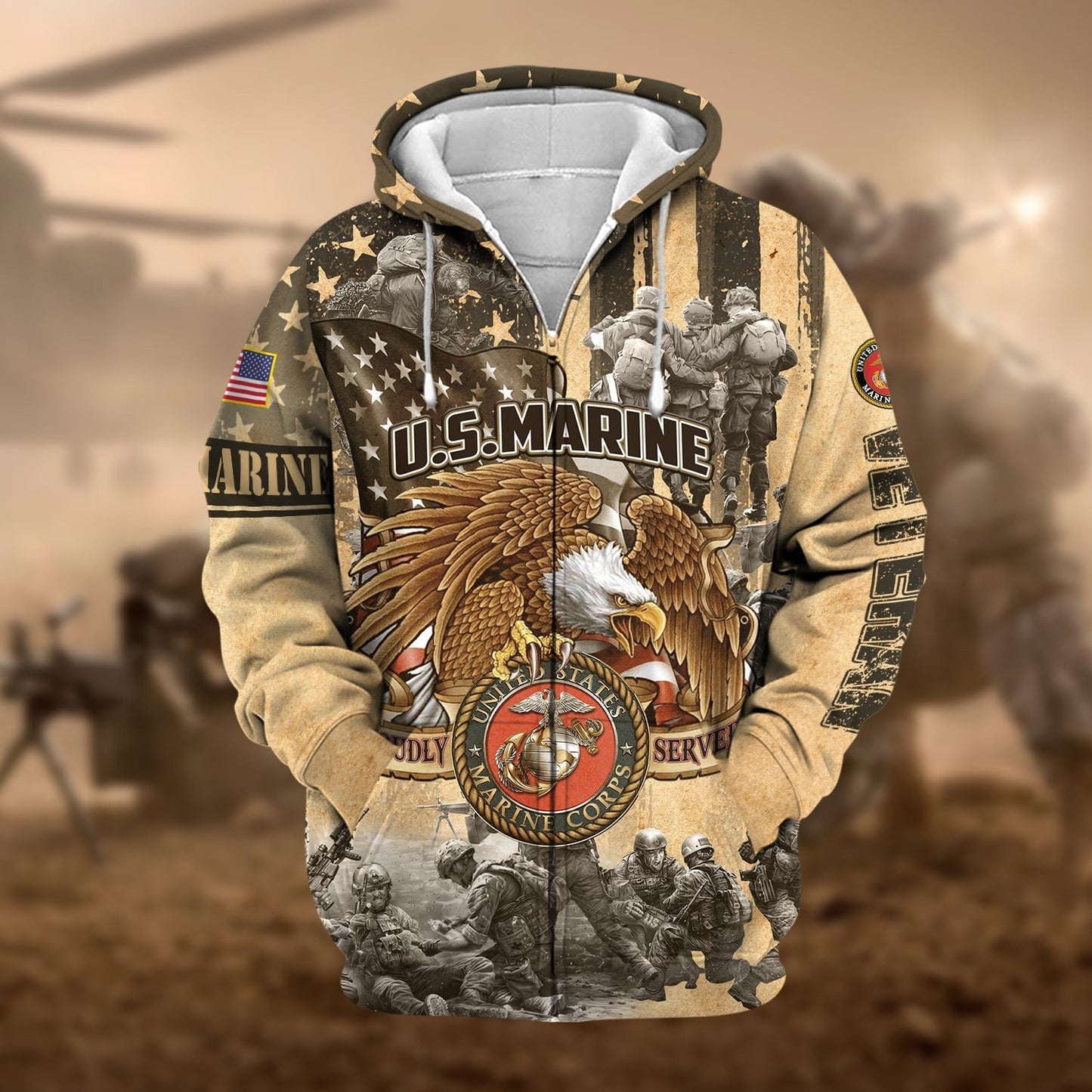 Frenzidea Premium Proudly Served Multiservice US Veteran Zip Hoodie