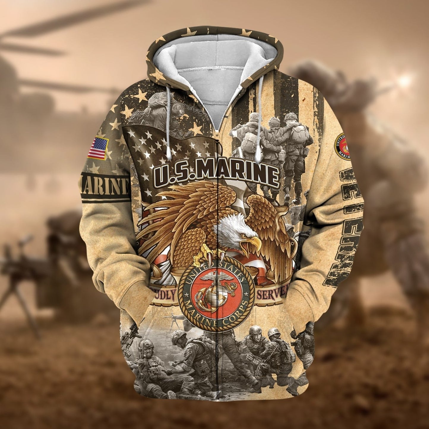 Frenzidea Premium Proudly Served Multiservice US Veteran Zip Hoodie