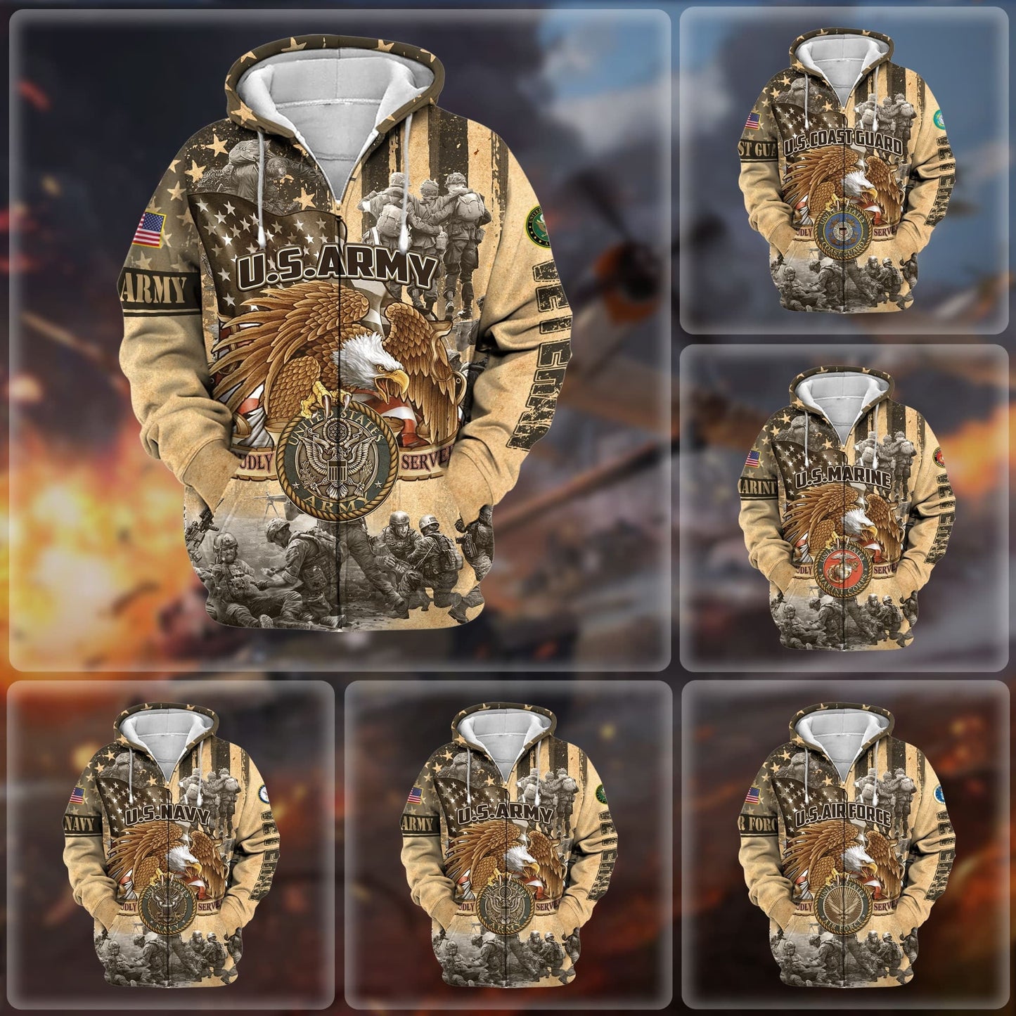 Frenzidea Premium Proudly Served Multiservice US Veteran Zip Hoodie