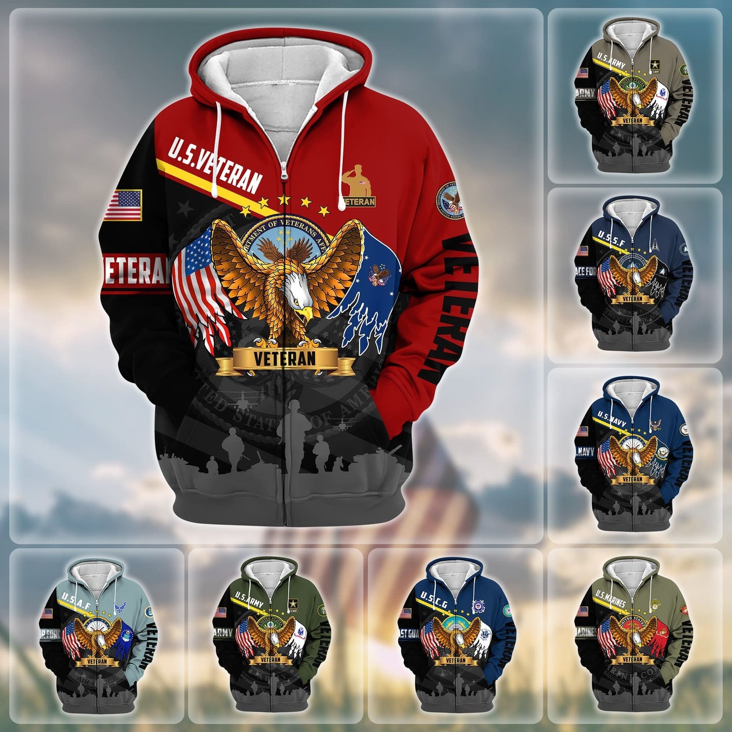 Frenzidea Premium Proudly Served US Veteran Zip Hoodie