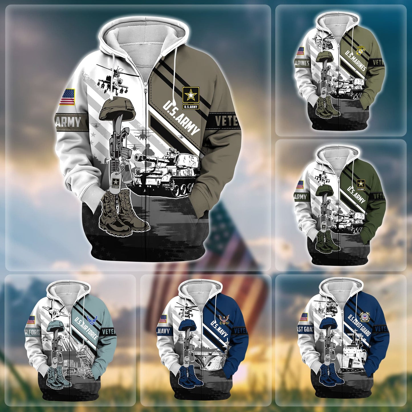 Frenzidea Premium Honoring All Who Served US Veteran Zip Hoodie