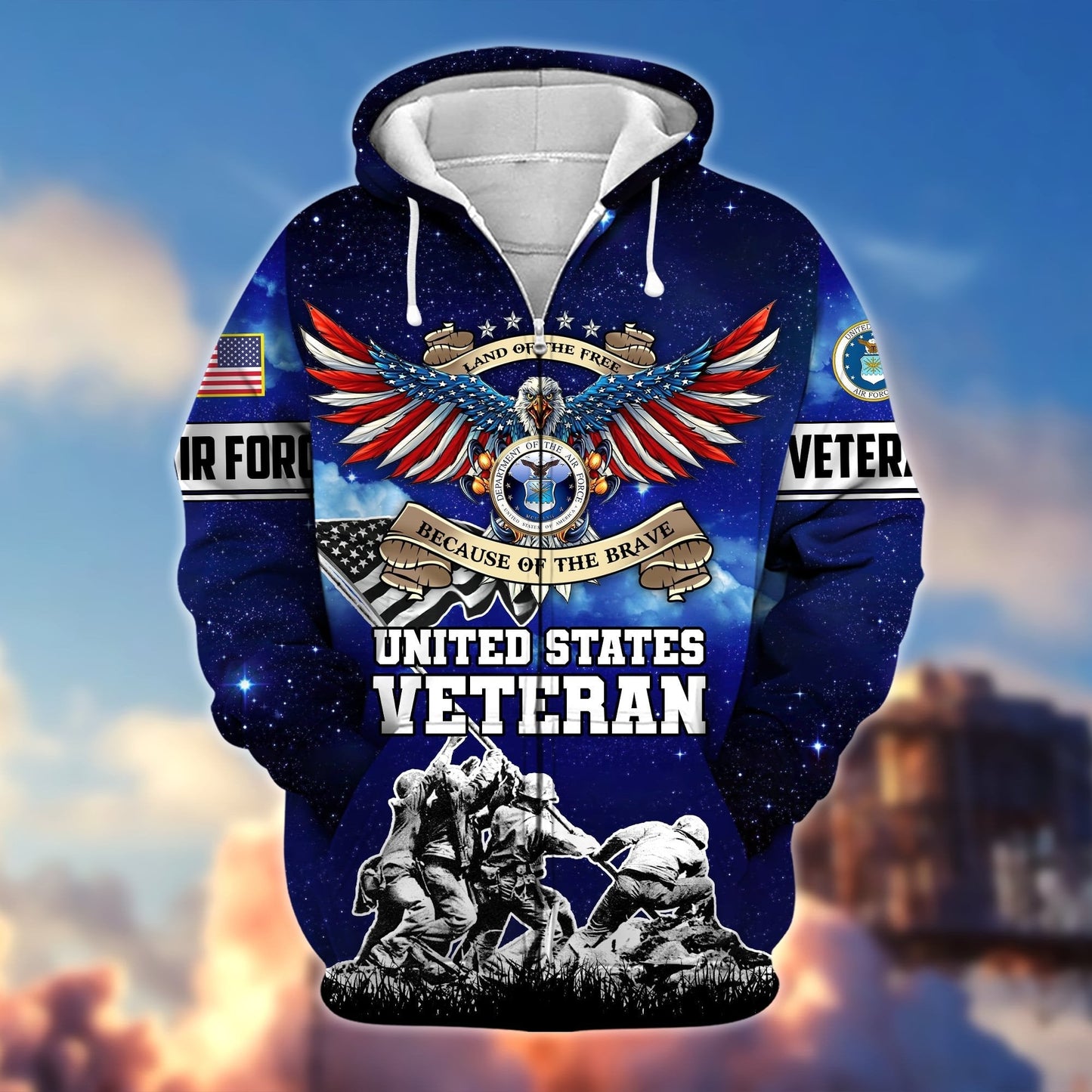Frenzidea Premium Land Of The Free Because Of The Brave US Veteran Zip Hoodie