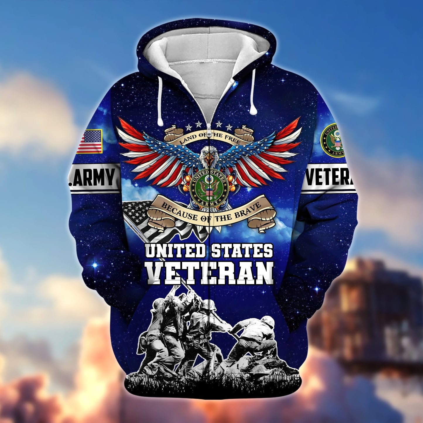 Frenzidea Premium Land Of The Free Because Of The Brave US Veteran Zip Hoodie