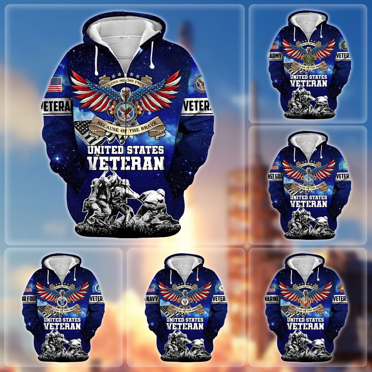 Frenzidea Premium Land Of The Free Because Of The Brave US Veteran Zip Hoodie