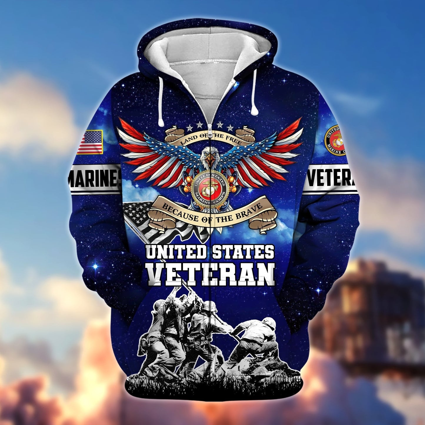 Frenzidea Premium Land Of The Free Because Of The Brave US Veteran Zip Hoodie