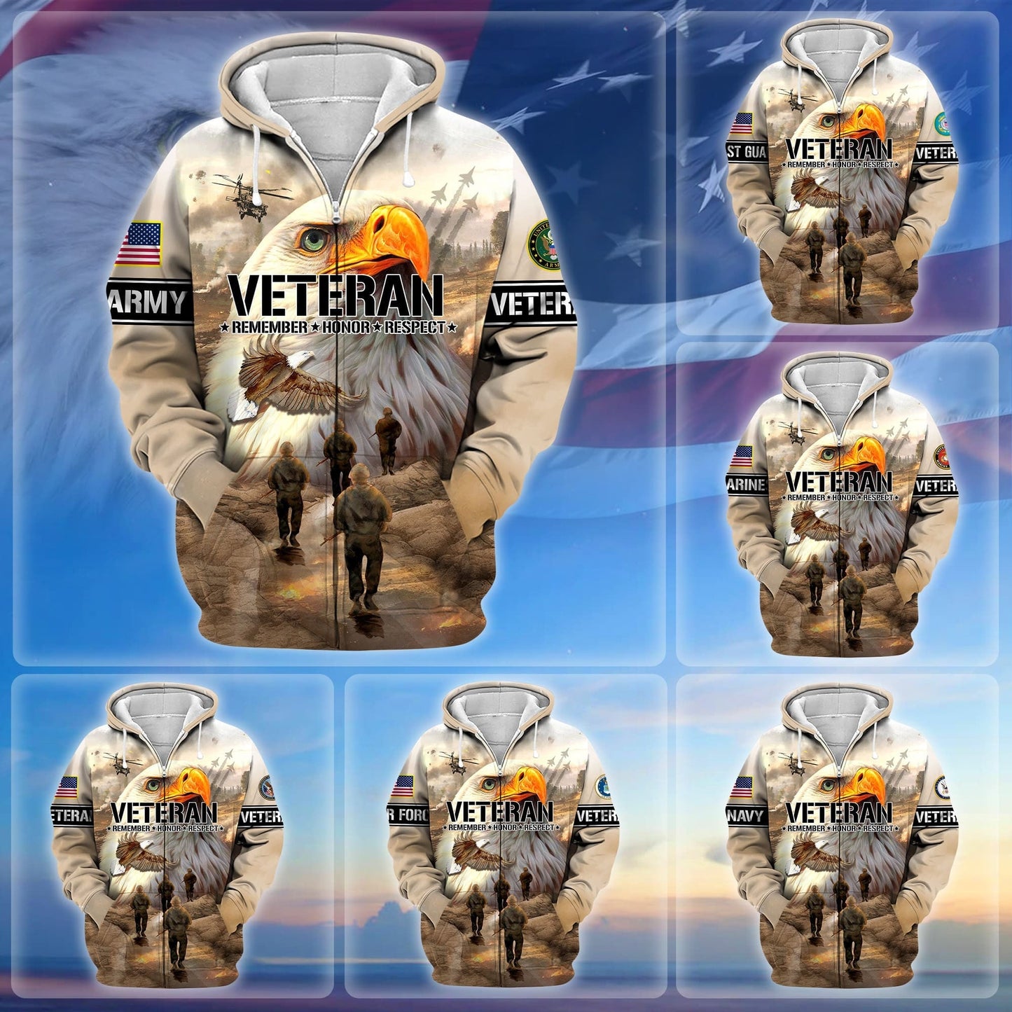 Frenzidea Premium US Veteran Remember - Honor - Respect Zip Hoodie