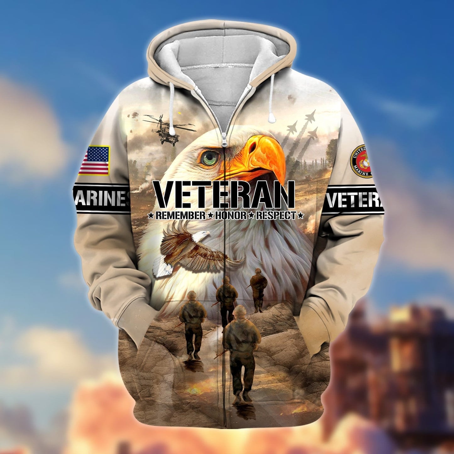 Frenzidea Premium US Veteran Remember - Honor - Respect Zip Hoodie
