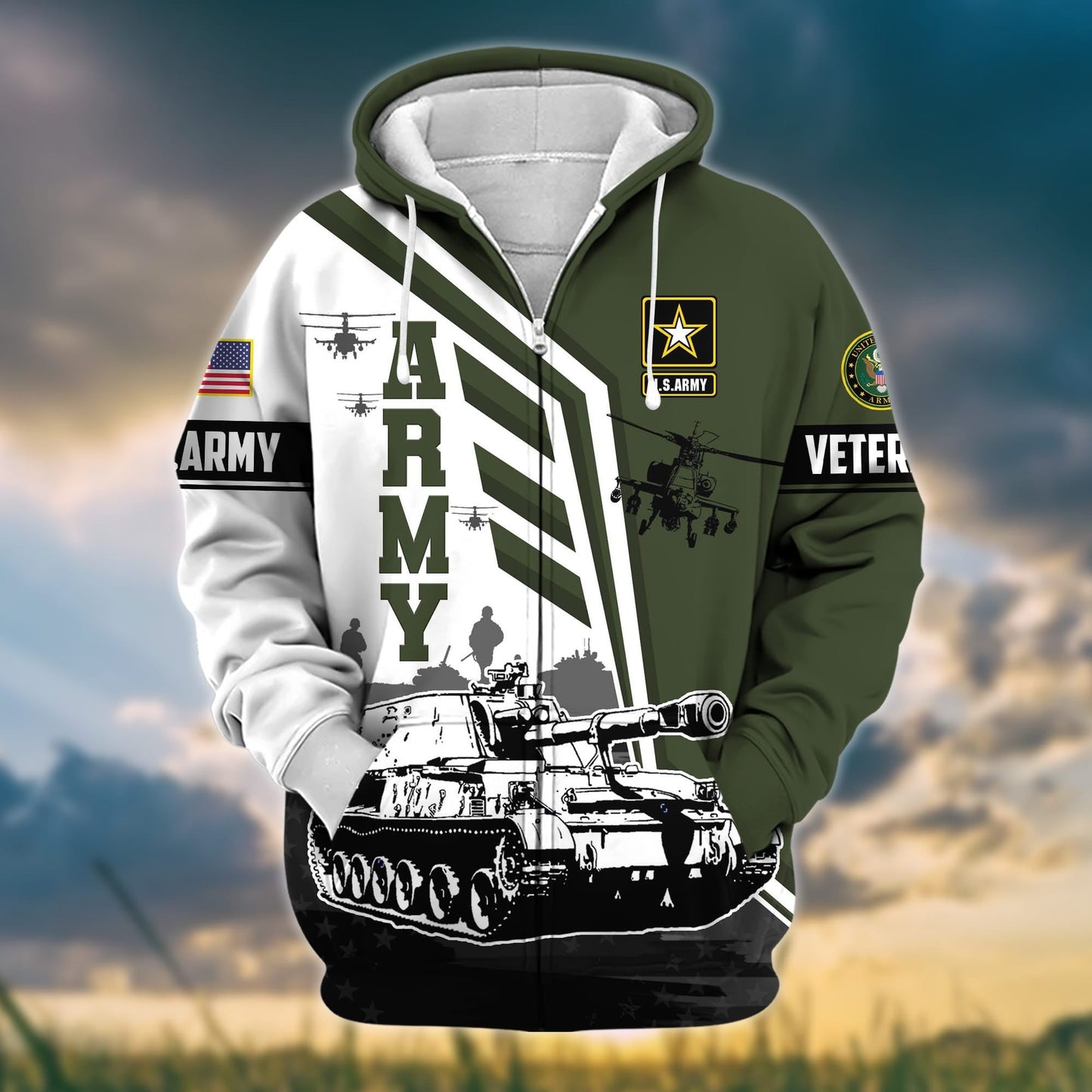 Frenzidea Premium Honoring All Who Served US Veteran Zip Hoodie