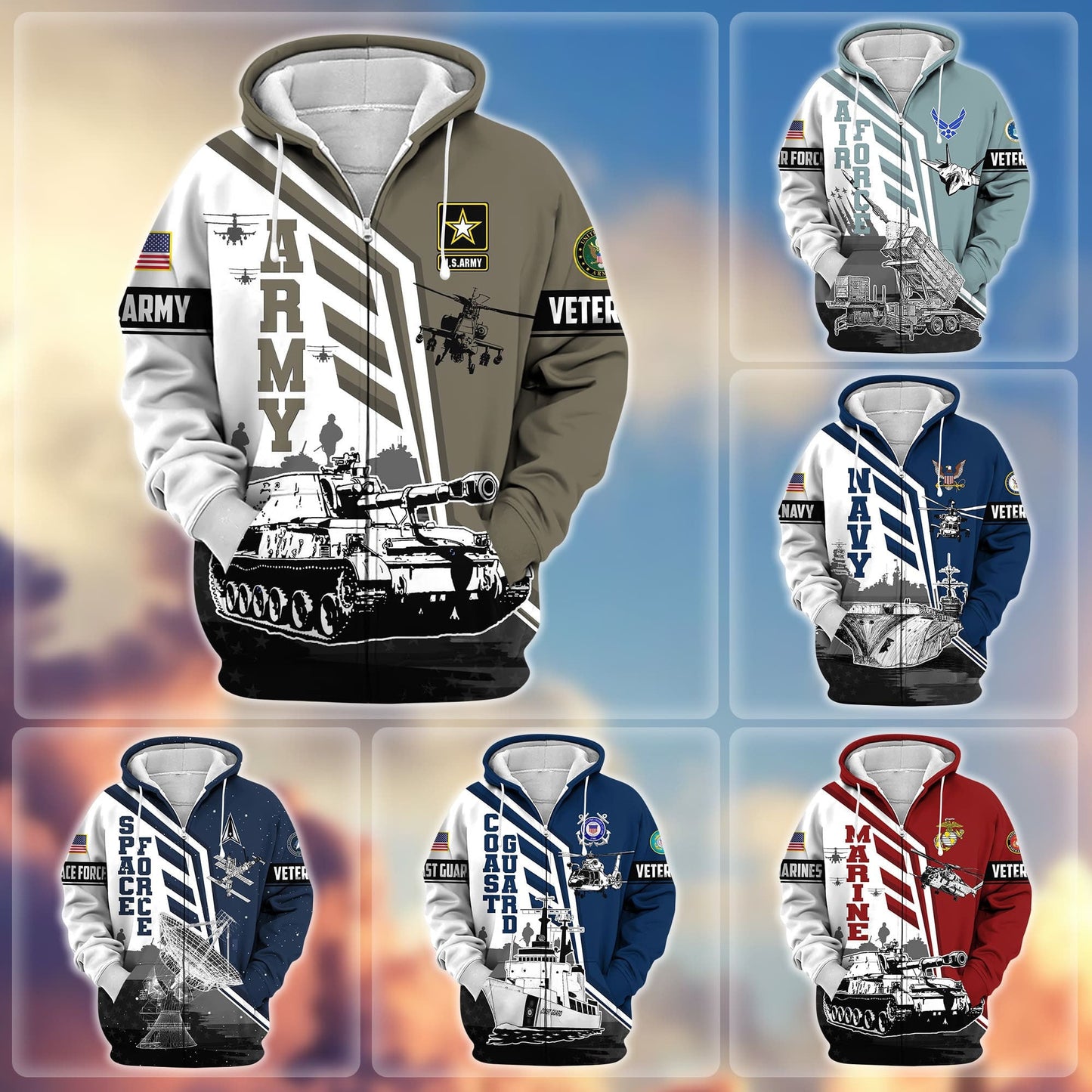 Frenzidea Premium Honoring All Who Served US Veteran Zip Hoodie