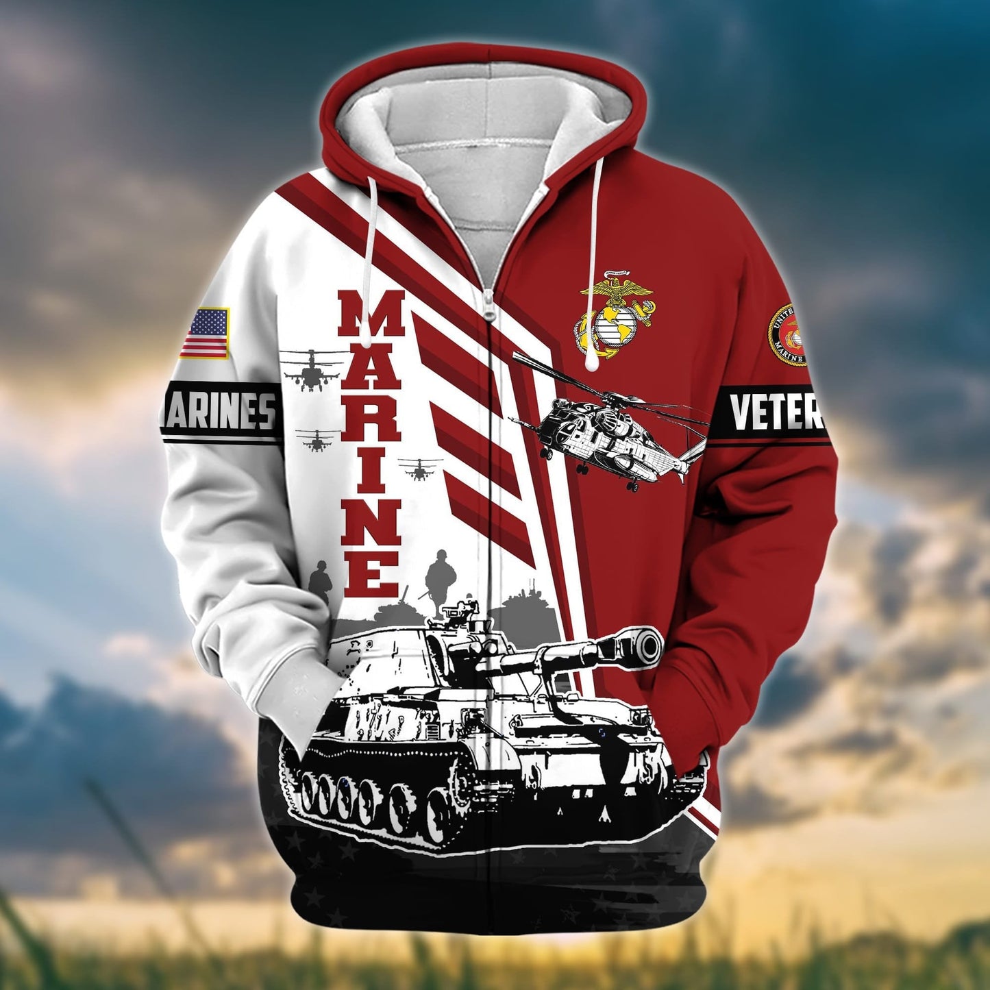 Frenzidea Premium Honoring All Who Served US Veteran Zip Hoodie
