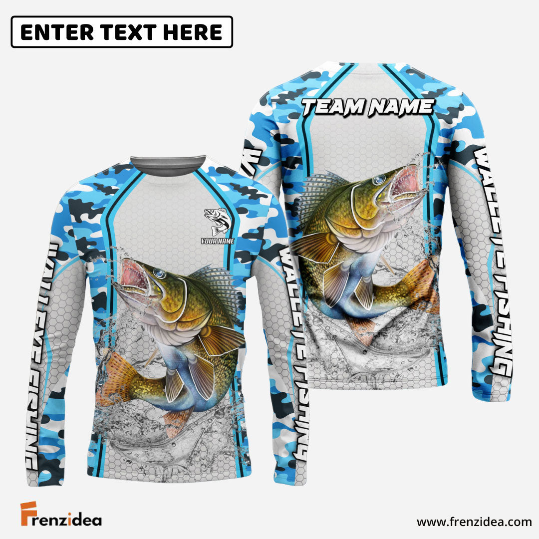 Frenzidea Walleye Fishing Light Blue Camo Sport Custom Name & Team Name 3D Shirts