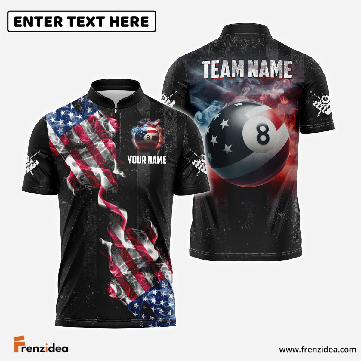 Frenzidea Billiards Ball 8 Pool Smoke US Flag Personalized Name, Team Name Unisex Shirt